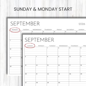 May include: Two black and white September 2026 calendar pages with the text SUNDAY & MONDAY START at the top. One calendar begins on Monday, circled in red, and the other begins on Sunday, also circled in red, featuring a grid layout.