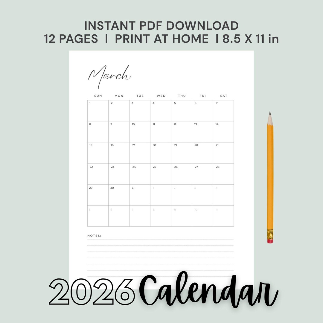 Portrait Calendar With Notes | US Letter 8.5x11 | Instant PDF Download ...