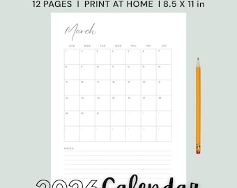 Portretkalender met notities | Amerikaanse brief 8,5 x 11 | Directe pdf-download