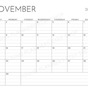 May include: A white monthly calendar page for November 2026 with black text and grid lines. The calendar features days of the week from Sunday to Saturday, numbered dates from 1 to 30, and horizontal lines within each daily box for writing notes.