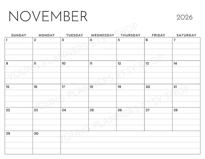 May include: A white monthly calendar page for November 2026 with black text and grid lines. The calendar features days of the week from Sunday to Saturday, numbered dates from 1 to 30, and horizontal lines within each daily box for writing notes.