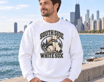 Southside White Sox Sweatshirt, Retro Chicago Baseball Socks and Skyline, Gildan 18000 Crewneck