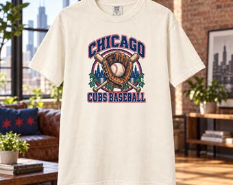 Chicago Cubs Baseball Glove T-Shirt, Retro Skyline and Ivy Graphic, Comfort Colors 1717