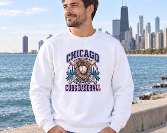 Chicago Cubs Baseball Glove Sweatshirt, Retro Skyline and Ivy Graphic, Gildan 18000 Crewneck