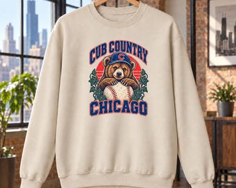 Cub Country Sweatshirt, Chicago Cubs Bear and Baseball Graphic, Retro Gildan 18000 Crewneck
