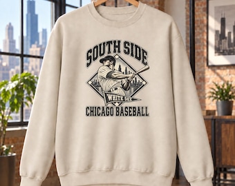 Southside White Sox Vintage Batter Sweatshirt, Chicago Baseball and Skyline Graphic, Gildan 18000 Crewneck