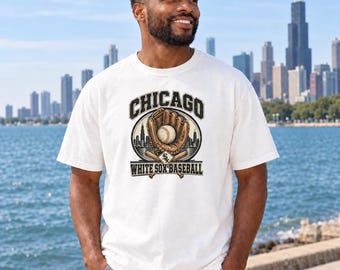 Chicago White Sox Baseball T-Shirt, Retro Skyline, Glove & Bats Graphic (Comfort Colors 1717)