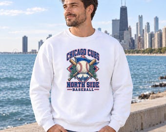 Chicago Cubs Pennant Sweatshirt, Northside Baseball and Skyline Graphic, Retro Gildan 18000 Crewneck