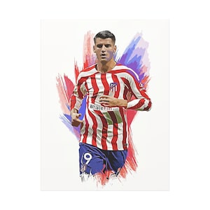 May include: Illustration of a soccer player in a red and white striped jersey with the text "WhaleFin.com". The player is wearing blue shorts with the number 9. The background features red, blue, and purple brushstrokes.