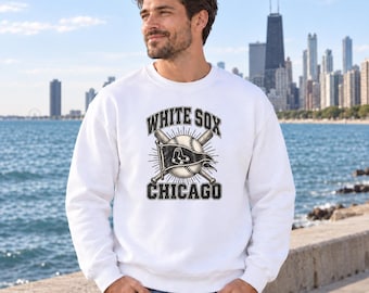 Chicago White Sox Pennant Sweatshirt, Retro Baseball and Crossed Bats Graphic, Gildan 18000 Crewneck