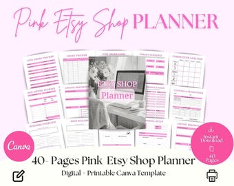 Pink Etsy Shop Planner | 40 Page Digital Printable Business Organizer | Canva Template | Product, Orders Sales Tracker