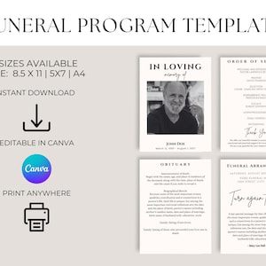May include: Funeral program template with a minimalist design. The template includes sections for an obituary, order of service, and funeral arrangement details. Available in 3 sizes: 8.5 x 11 inches, 5x7 inches, and A4. Editable in Canva.