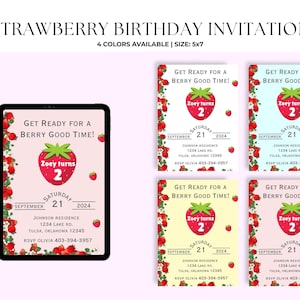 Strawberry Birthday Invitation | Berry Sweet Birthday | Strawberry Girl Birthday Party | Editable Canva Template | Custom Invite |
