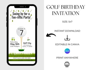 Bearbeitbare Golf-Geburtstags-Einladungsvorlage | Junge Sporteinladung | Golf-Thema | Par-Tee Geburtstagsparty einladen | Digitale Geburtstagsvorlage für Jungen