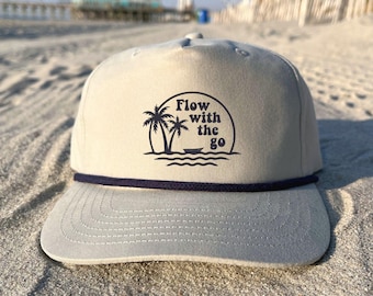 Flow with the Go Rope Cap, Vintage Grey and Navy Hat, Minimalist Ocean and Sunset Design, Retro Coastal Aesthetic Hat, Adjustable Snapback