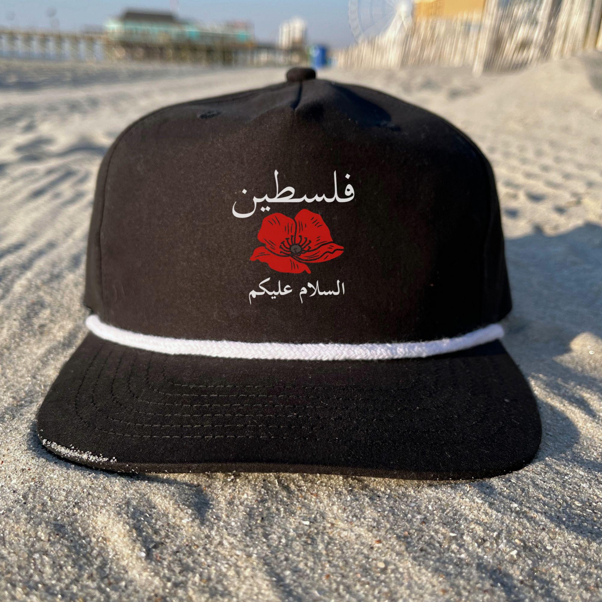 Palestine Peace Rope Cap Black Hat with DTF Red Poppy, Filastin & As-salamu Alaykum, Profits to Gaza Aid via The Sameer Project