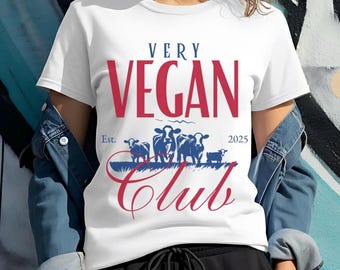 Very Vegan Club Shirt Vintage or Classic White Tee with Red and Blue Cow Field Graphic, Retro Vegan Statement Shirt