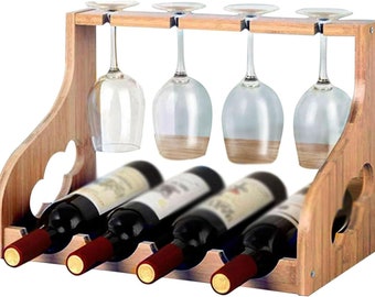 Portabotellas de vino de madera con 4 botellas y 4 copas.