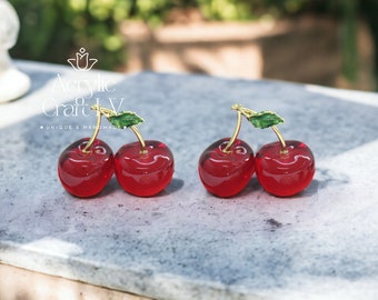 Kleine schattige rode glazen kers - Crystal Red Cherry - Glazen fruit, handgeblazen glazen kers, fruitglas, glazen fruitsculptuur, decor van het huis
