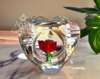 Crystal Glass Rose In A white Heart • Elegant Desk Decor • Home Decoration • Murano Style • Valentine's Gift for Her • Anniversary Gift