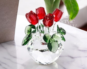 Roses en verre de cristal dans un vase en cristal • Décoration de bureau élégante • Décoration d'intérieur • Style de Murano • Cadeau de Saint-Valentin pour elle • Cadeau d'anniversaire