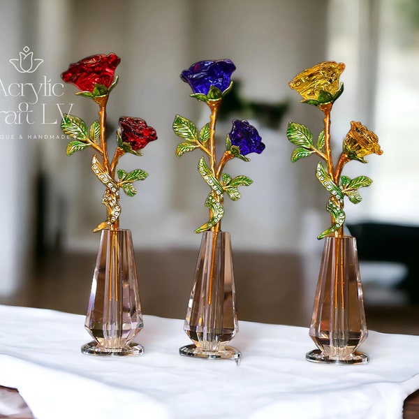 Kristallglasrose mit Vase • Elegante Schreibtischdekoration • Heimdekoration • Murano-Stil • Valentinstagsgeschenk für Sie • Bundle-Rabatte verfügbar