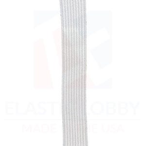 May include: White elastic cord with a fine, woven texture. The cord is approximately 1/4 inch wide.