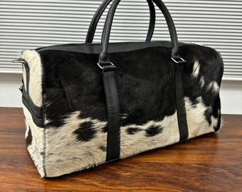 Hair on Cowhide Duffle Bag Cowhide Leather Duffel Bag Cowhide Weekender Bag Black & White Cowhide Bag Overnight Bag Cowhide Gym Bag Gift