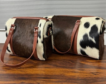 Handmade Cowhide Duffel Bag Set of 2, Hair-on Cowhide Duffel Bag, Leather Cowhide Duffel Bag, Cowhide Weekender Bag, Overnight Duffel Bag