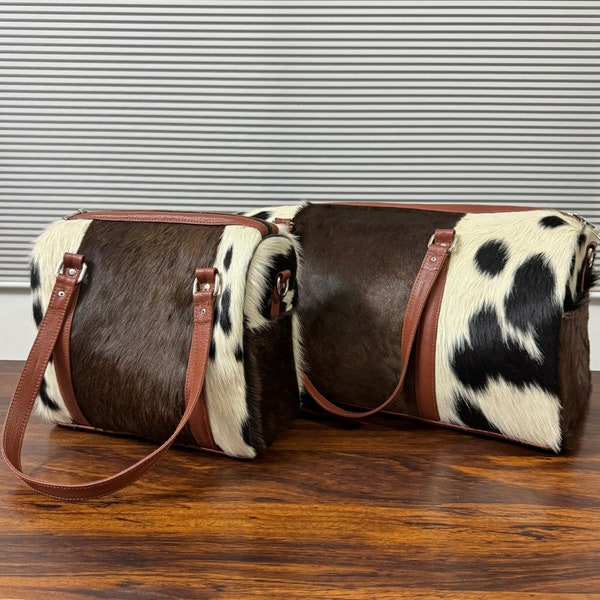 Handmade Cowhide Duffel Bag Set of 2, Hair-on Cowhide Duffel Bag, Leather Cowhide Duffel Bag, Cowhide Weekender Bag, Overnight Duffel Bag