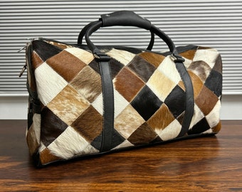 Large Cowhide Duffel Bag, Leather Cowhide Duffel Bag, Hair on Cowhide Duffel Bag, Overnight Weekend Bag, Leather Bag Gym bag Travel Bag Gift