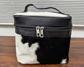 Hair on Cowhide Makeup Bag Cowhide Beauty Bag Leather Cowhide Vanity Box Black White Cowhide Makeup Bag for Bridal Shower Cosmetic Bag Gift
