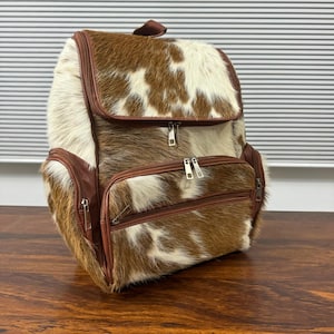 Braun Weiße Rindsleder Rucksack Tasche | Echte Rindshaare an Rucksack-Wickeltasche | Natürliche Rindsledertasche | Schulter Rucksack Tasche Westerntasche Geschenk