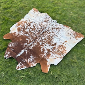 Alfombra de piel de vaca auténtica marrón y blanca con pelo, alfombra de piel de vaca marrón moteada, alfombra de cuero, alfombra de suelo de piel de vaca natural, alfombra de tapicería, regalo