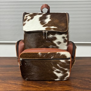 Handgefertigte Rindsleder Rucksack Tasche | Echtes Rindsleder Braun & weiße Haare on Rucksackwickeltasche | Natürliche Rindsledertasche | Schulter Rucksack Tasche Geschenk