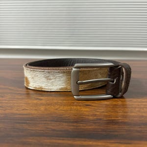 Brown White Cowhide Belt, Hair on Cowhide Belts, Unisex Leather Cowhide Belt, Handmade Cowhide Belt With Buckle, Leather Belt Gift for Men