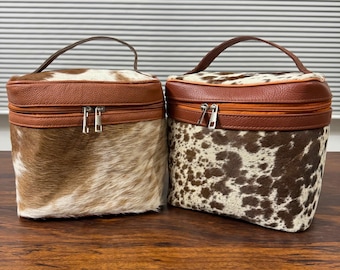 Cowhide Makeup Bag Hair on Cowhide Bag Leather Cowhide Vanity Box Brown & White Handmade Makeup Box for Her Bridal Shower Marriage Gift Bag