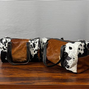 Set of 2 Real Cowhide Leather Duffle Bags, Handmade Luxury Cowhide Travel Luggage Bag Rustic Overnight Gym Bag, Unique Gift for Him or Her