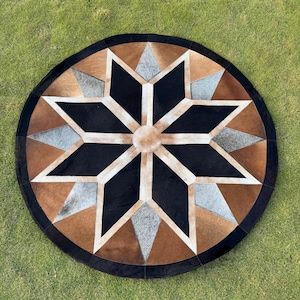 Cowhide Patchwork Rug Tricolor Cowhide Patchwork Rug Hair on Cowhide Rug Leather Cowhide Round Patchwork Rug Natural Cowhide Area Rug Gift