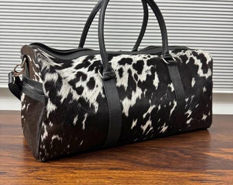Real Cowhide Duffle Bag Cowhide Leather Duffel Bag Cowhide Weekender Bag Black White Cowhide Hair on Overnight Bag Leather Western Bag Gift