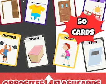 Afdrukbare tegenstellingen-flashcards voor kinderen, peuter- en kleuterleerkaarten, educatieve pdf direct downloaden