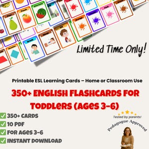 Printable English Flashcards for Toddlers Ages 3–6, 350+ ESL Vocabulary Cards, Preschool and Kindergarten Learning Resource PDF