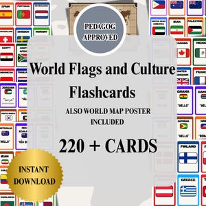World Flags and Culture Flashcards, 220+ Printable Cards with Map and Booklet, Say Hi in 100 Languages, Learn Landmarks, Traditions