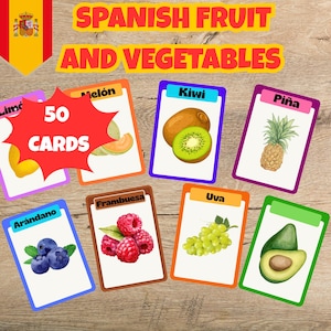 50 Spanish Fruit and Vegetable Flashcards, Learn Food Words in Spanish, Printable PDF Cards, Fun ESL Learning for Kids & Adults