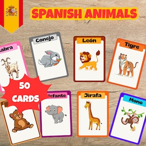 Spanish Animal Flashcards for Kids, 50 Printable Cards PDF, Learn Spanish Animal Names, Fun ESL Learning Resource for Beginners
