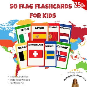 50 Country Flags Flashcards for Kids, Printable PDF Set, Fun ESL and Geography Learning Cards, Educational World Flags Resource