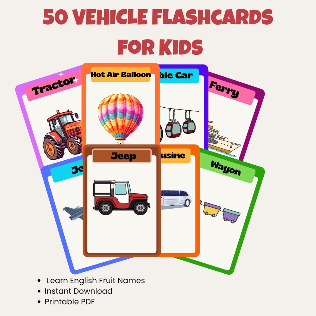 50 Vehicle Flashcards for Kids – Printable Transport Vocabulary Cards ...