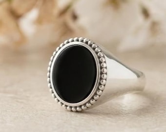 Black Onyx Sterling Silver Signet Ring: Oval Statement Jewelry