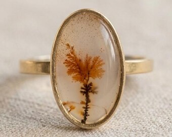 Dendritic Agate Gold Ring Handmade Oval Statement Nature Inspired Gemstone Jewelry Gift For Her