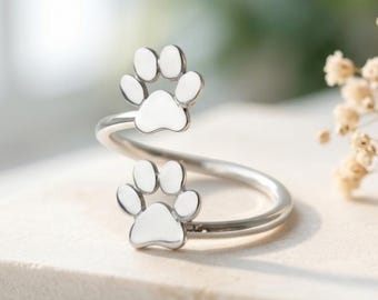 Sterling Silver Double Paw Print Ring, Adjustable Pet Lover Jewelry